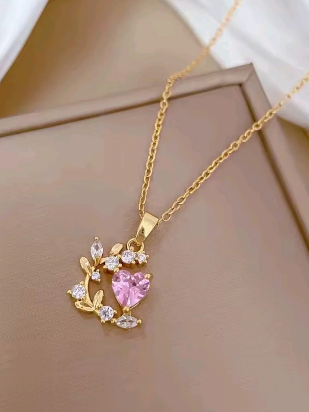 Dainty Gold Heart & Leaf Pendant Necklace Pink Crystal Jewelry